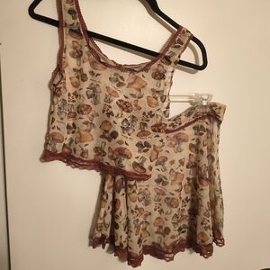 Uye Surana Two-Piece Mushroom Print Set in Cream with Rust Lace Trim Size M/L